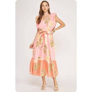NEW STRUT & BOLT ruffle tiered midi dress in tropical hibiscus
